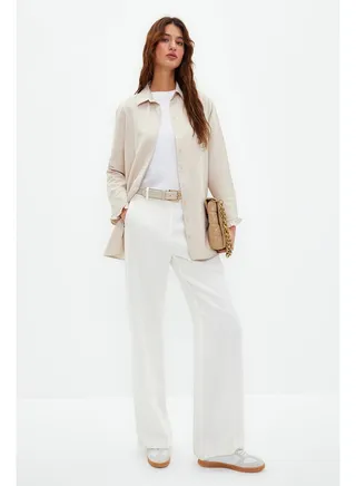 Beige Ruffle Denim Look Woven Cotton Shirt TCTSS23TG00042 