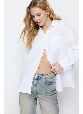 Ecru Buttoned Rollable Sleeve Detailed Oversize Muslin Woven Shirt TWOSS24GO00060 