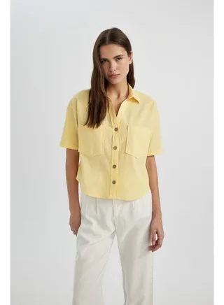 Woman Oversize Fit Shirt Neck Woven Short Sleeve Blouse 