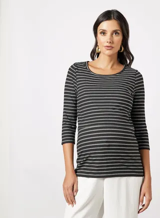 Maternity Striped Nursing Top Black 