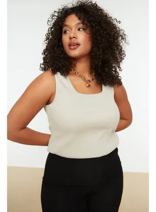 Beige Basic Corded Knitted Square Neck Undershirt TBBSS22AL0011 