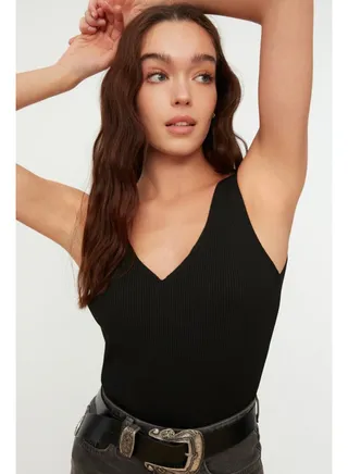 Black Strap V-Neck Knitwear Blouse 