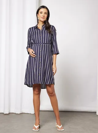 Maternity Striped Shirt Dress Navy 