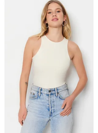 Stone Cotton Halter Neck Fitted Flexible Knit Undershirt TWOSS23AL00069 