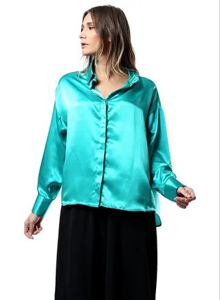 Light Green Full Buttons Shiny Shirt 