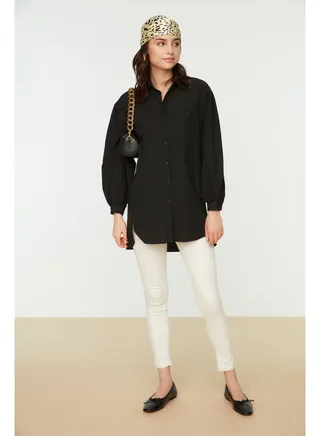 Black Balloon Sleeves Long Back Pocket Detailed Basic Woven Shirt TCTSS21GO0976 