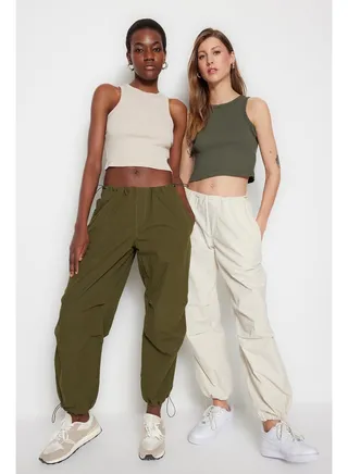 Khaki-Beige 2-Pack Fitted Crop Halter Neck Ribbed Elastic Knitted Undershirt TWOSS21AL0058 