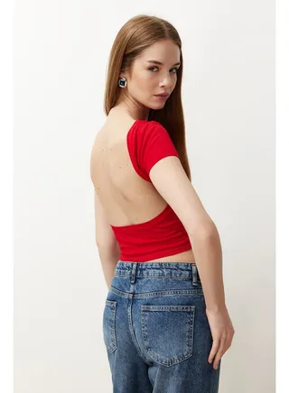 Red Backless Crop Cotton Stretchy Knitted Blouse TWOSS23BZ00912 