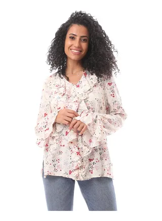 Viscose Blouse Printed Flowers With Cranes 