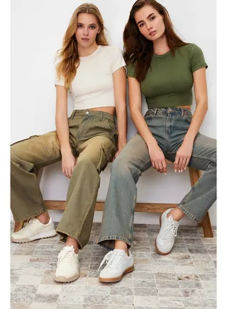 Premium Khaki-Light Stone 2 Pack Crop Viscose Stretchy Knitted Blouse TWOSS23BZ00108 