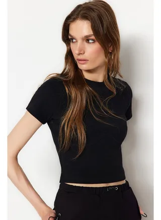 Black Piping Detailed Crew Neck Crop Ribbed Elastic Knitted Blouse TWOAW21BZ0638 