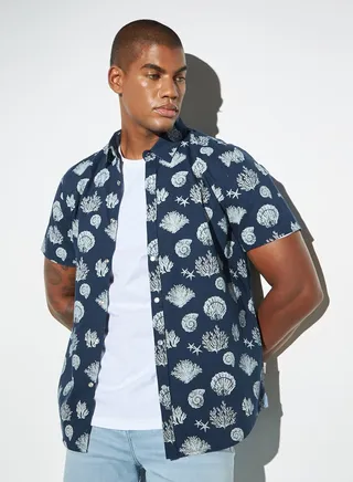 Lee Cooper All-Over Graphic Print Oxford Shirt with Short Sleeves 