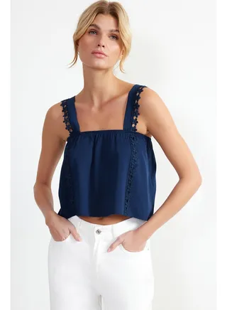 Navy Blue Lace Detailed Crinkle Woven Blouse TWOSS24BZ00024 