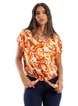 Self Pattern Decorative Lace Up Blouse - Orange & Off White 