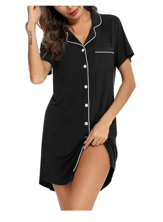 Nightgown for Women Sleep Shirt Short Long Sleeve Sleepwear Boyfriend Nightshirt Button Down Pajama Dress S-XXL 