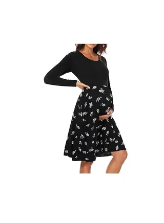 Women's Long Sleeve Maternity Dress with Pockets Patchwork Pregnancy Clothes 