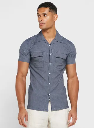 Short Sleeve Denim Stripe Shirt 