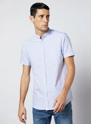 Striped Mandarin Neck Shirt Optic White/Light Blue 