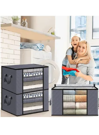 3 Pcs Storage Bags 100L Large Clothes Organization Packing Organizer Bag Foldable Thicken Storage Containers for Comforter Blanket Bedding Grey Storage Box (B) 