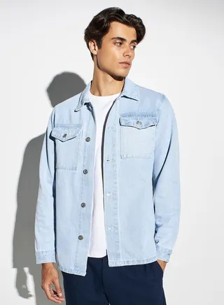 Lee Cooper Solid Denim Shirt with Pockets 