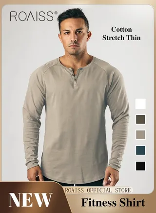 Men Long Sleeve Henley Shirts Muscle Slim Fit V Neck Button Pure Cotton T Shirt Fitness Bottoming Elastic Shirt for Gym or Casual Time 