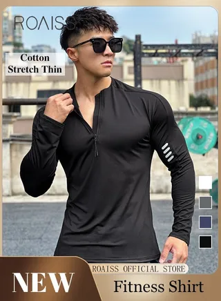 Men Quick Dry and Breathable Round Neck Sweatshirt with Quarter Zip Long Sleeve Athletic Shirts Slim Fit Top for Running Basketball Workout Gym 