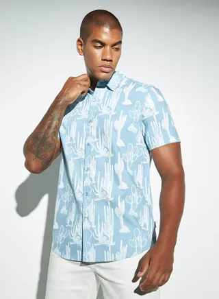 Lee Cooper All-Over Graphic Print Oxford Shirt with Short Sleeves 