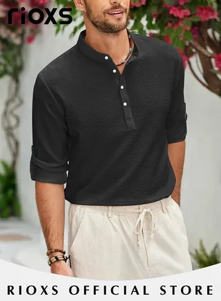 Men's Waffle Long Sleeve Henley Shirts Casual Button Down Beach Pullover Tops for Daily Wear 