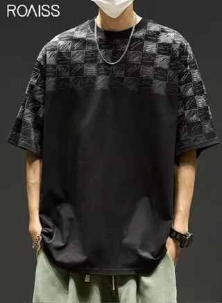 Men's Casual Loose Checked Printed T-Shirt Graffiti Design Everyday Versatile Short Sleeve Top Cotton Comfortable And Breathable Pullover 
