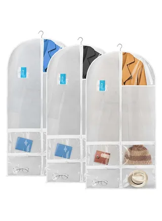 3-Piece Garment Bags for Hanging Clothes with Clear Window ID Card Holder Zipper Pocket Breathable for Storage Suits, Shirts, Jackets, Dress 23.6 x 47.2 inch, White 