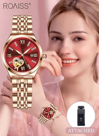 Women's Steel Strap Quartz Watch Analog Display Round Red Dial with Rhinestones Decoration and Hollow Heart Pattern Waterproof Luminous Wristwatch as Gift for Ladies 