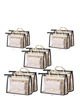 10 Transparent Tote Bag Organiser Dust Cover with Zip and Handle for Closet Shelves, Dust and Moisture Resistant, 5 Sizes of Transparent Protective Organisers (Black + Beige) 