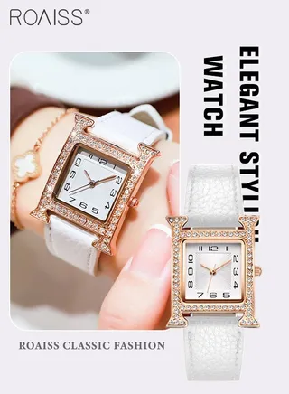 Women's Leather Strap Quartz Watch Analog Display Square Dial with Rhinestones Decorated H-Shaped Bezel Waterproof Elegant Wristwatch as Gift for Ladies, White 