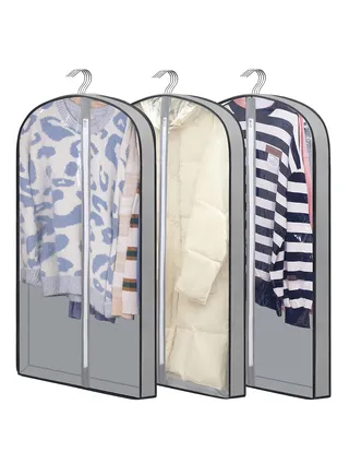 Garment bags Suit cover bags for hanging clothes 100cm, Moth Proof Dress Bag Covers Damp-proof Suit Storage Bag Clothes, Plastic Protector for Jacket, Coat, Sweater, Shirts 3 Packs (Grey) 