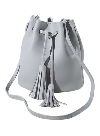 Leather Tassel Drawstring Bucket Crossbody Bag Grey 