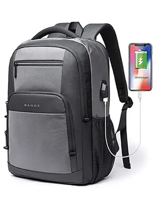 Laptop Backpack Large Capacity School Bag USB Charging Port Water Resistant Grey 