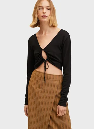 Cut Out Tie Detail Knitted Crop Cardigan 