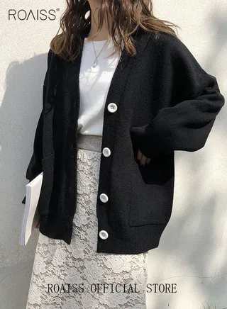 Ladies Solid Color Knitted Jacket Ladies V Neck Loose Cardigan Ladies Long Sleeve Sweater Jacket Large Pocket Design Loose Preppy Style Ladies Knitted Sweater 