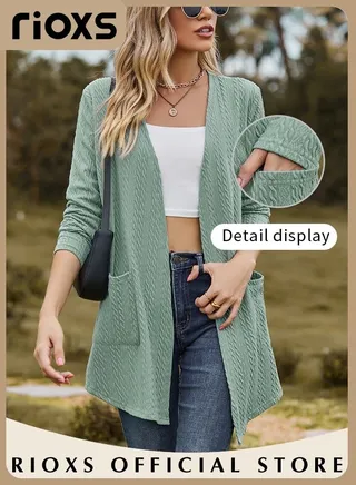 Women's Mid-long Cardigan Sweater Coats with 2 Side Pockets Knitted Open Front Coat Soft and Warm Solid Color Coat for Autumn 