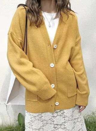 Ladies Solid Color Knitted Jacket Ladies V Neck Loose Cardigan Ladies Long Sleeve Sweater Jacket Large Pocket Design Loose Preppy Style Ladies Knitted Sweater 
