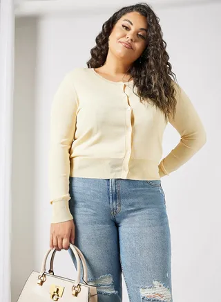 Plus Size Fine Knit Cardigan Light Yellow 