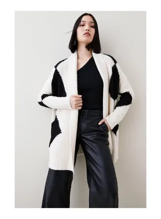 Intarsia Boucle Shawl Neck Cardigan 