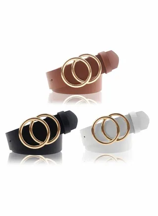 Women's PU Leather Belt Set of 3 Double O Ring Soft Retro Faux Leather Waist Belt for Jeans Dresses 