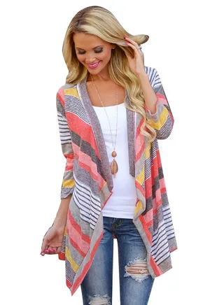 Striped Asymmetric Hem Cardigan Multicolour 