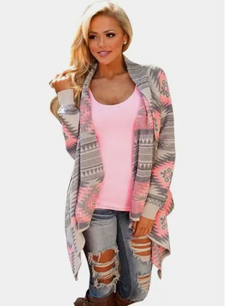 Printed Irregular Cardigan Grey/Pink/White 
