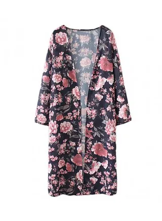 Floral Print Front Open Cardigan Outerwear Black 