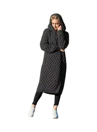 Women Winter Fashion Long Knitting Sweater Coat Solid Colour Loose Warm Hoodie Cardigan Black Grey 