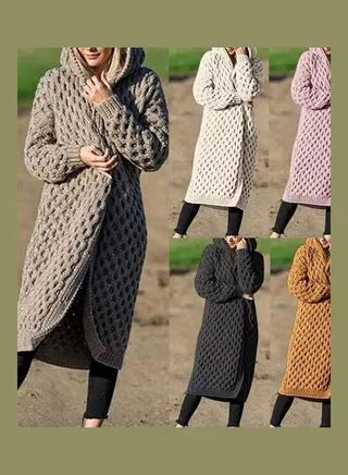Thicken Knitted Sweater Cardigan Long Hooded Coat Khaki 