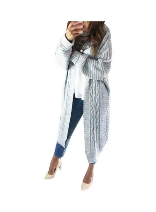 Front Knit Coat Long Sweater Grey 