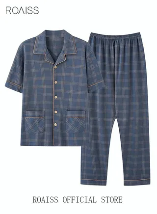 2-Piece Pajama Set Men's Cotton Short-Sleeved T-Shirt Long Pants Sets Grid Pattern Sleepwear Nightgown Male Loose Spring Summer Thin Loungewear Home Clothes Blue 